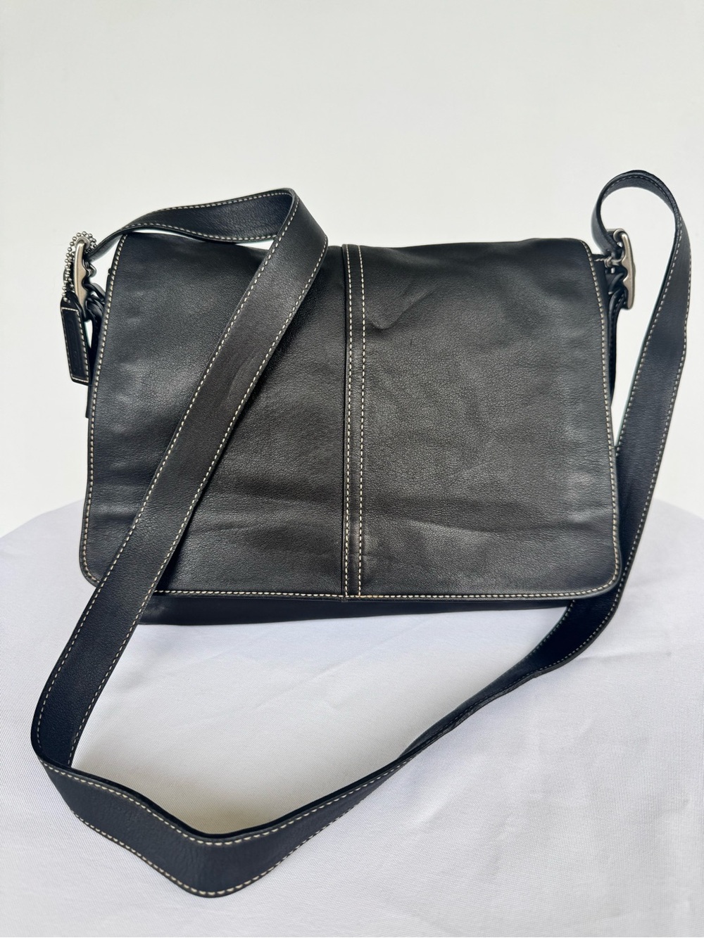 Coach Vintage Black Leather Crossbody Messenger with White Stitching